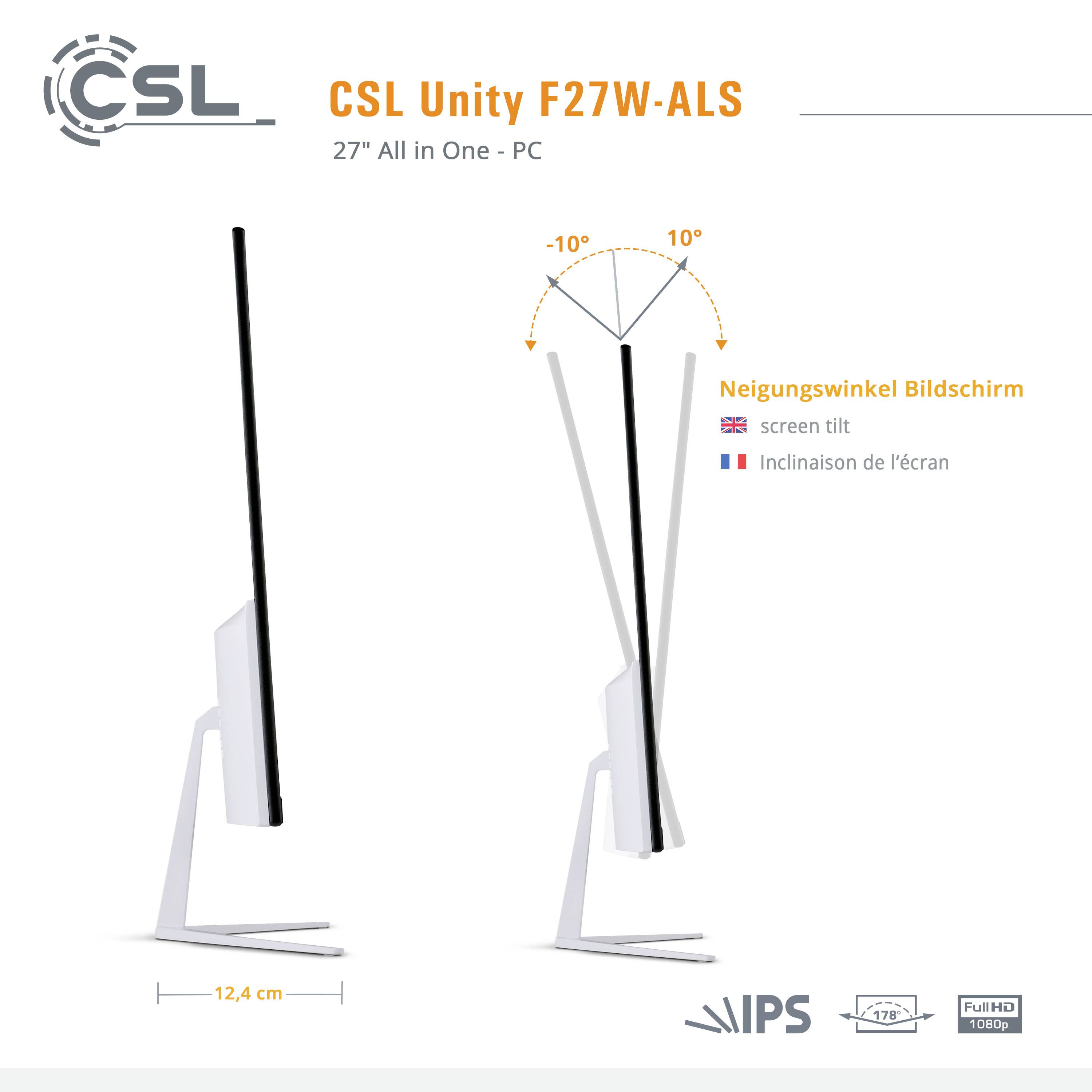 'CSL Unity F27W-ALS' All-in-One-PC, 27 Zoll, zeigt Bildschirmneigungswinkel. Enthält Maße und Symbole für Funktionen, wie IPS und Full HD.