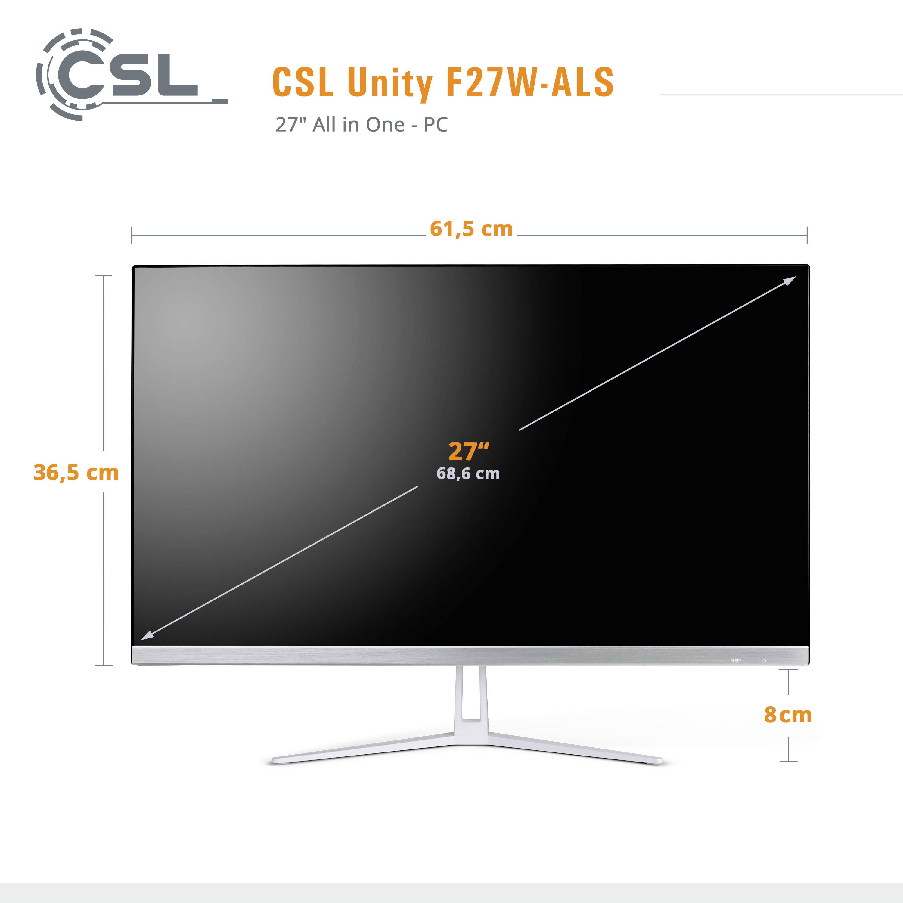 'CSL Unity F27W-ALS' Monitor, 27 Zoll, 68,6 cm Bildschirmdiagonale, Maße: 61,5 cm Breite, 36,5 cm Höhe, 8 cm Tiefe.