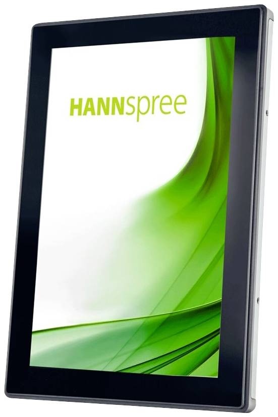 Ein schwarzer Tablet mit einem grünen Hintergrund auf dem Bildschirm zeigt das Logo 'HANNspree'.