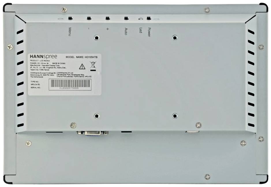 Rückansicht eines Monitors mit Modellname und technischen Details auf einem Aufkleber. Ports und Lüftungsschlitze sichtbar.