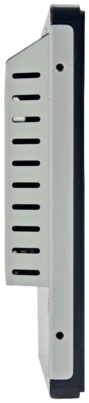 Seitenansicht eines rechteckigen Geräts mit Lüftungsschlitzen und Schraubenlöchern, möglicherweise ein Heizkörper oder elektronisches Gerät.