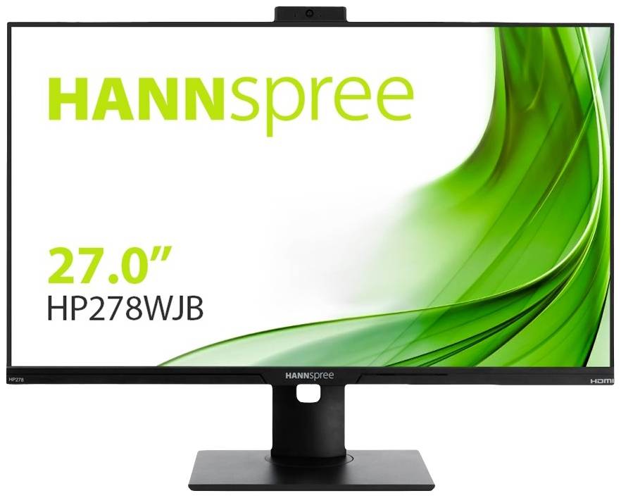 Ein 27-Zoll-Monitor von HANNspree mit Modellnummer HP278WJB, präsentiert auf weißem Hintergrund mit grünem grafischen Element.