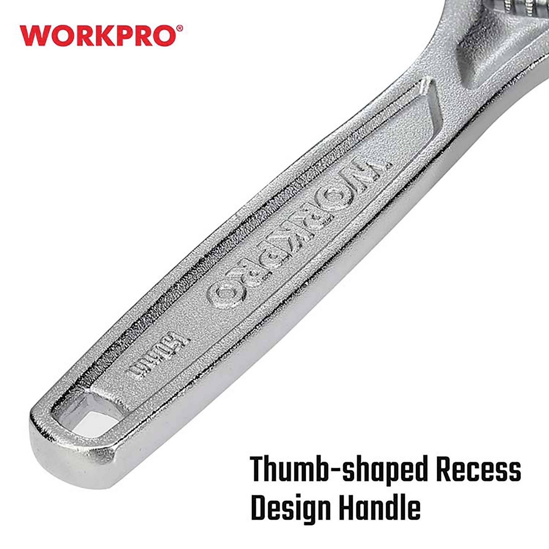 Chromfarbige Ratsche mit Daumenmulde, die besseren Halt bietet. Oben links steht 'WORKPRO'.