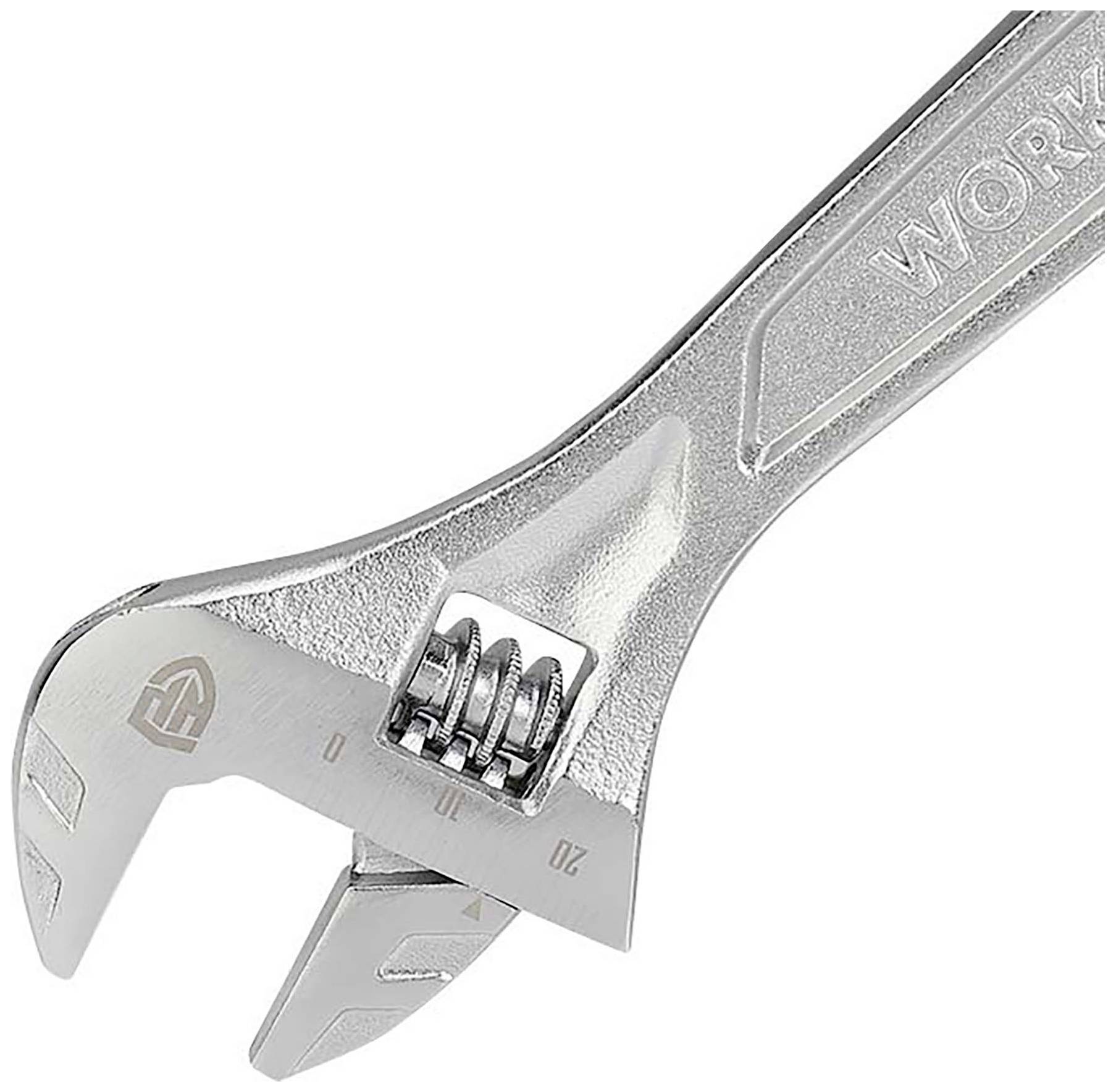 Silberner verstellbarer Schraubenschlüssel mit Skala für präzise Einstellungen. Geeignet für verschiedene Schraubengrößen.