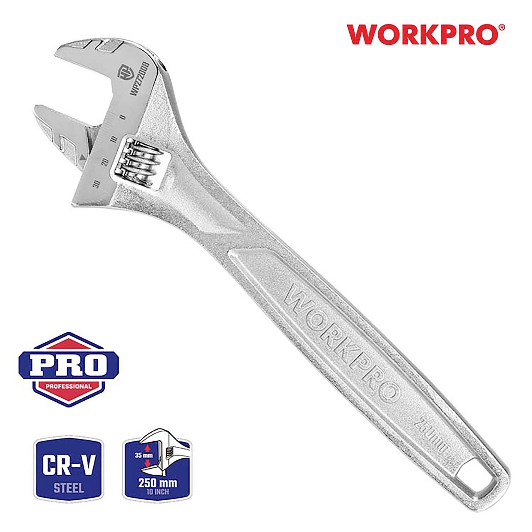 Ein verstellbarer Schraubenschlüssel aus Stahl, 250 mm lang, mit Markenlogo 'WORKPRO' und Spezifikationen zu Material und Größe.