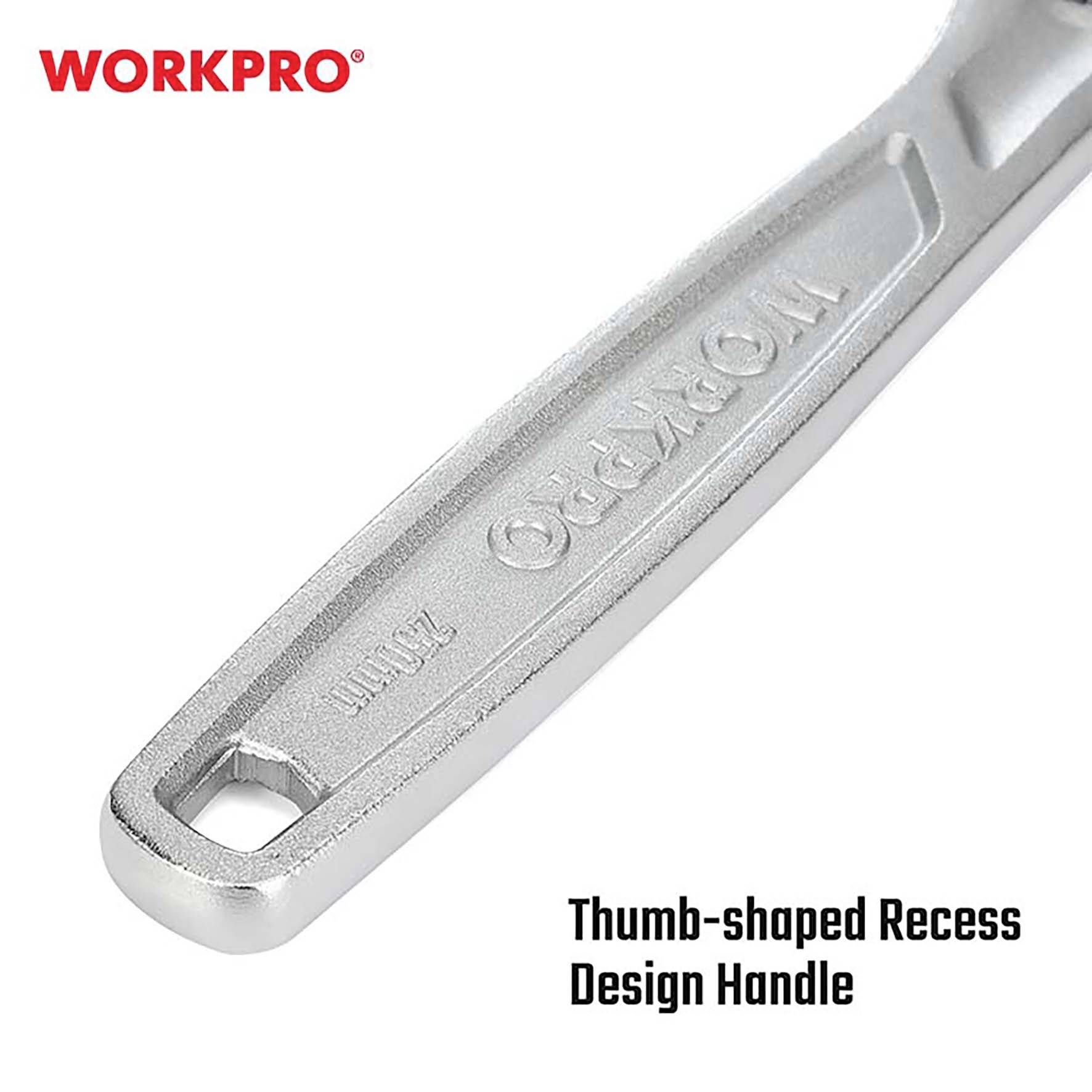 Schraubenschlüsselgriff mit Daumenmulde zur besseren Handhabung, silbern, mit 'WORKPRO' Branding und 'Thumb-shaped Recess Design Handle' Text.