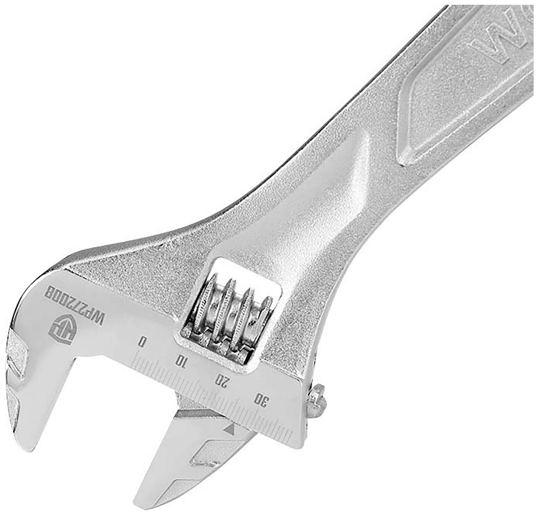 Ein verstellbarer Schraubenschlüssel aus Metall, mit einer Skala für präzise Anpassungen; nützlich für verschiedene Schraubengrößen.