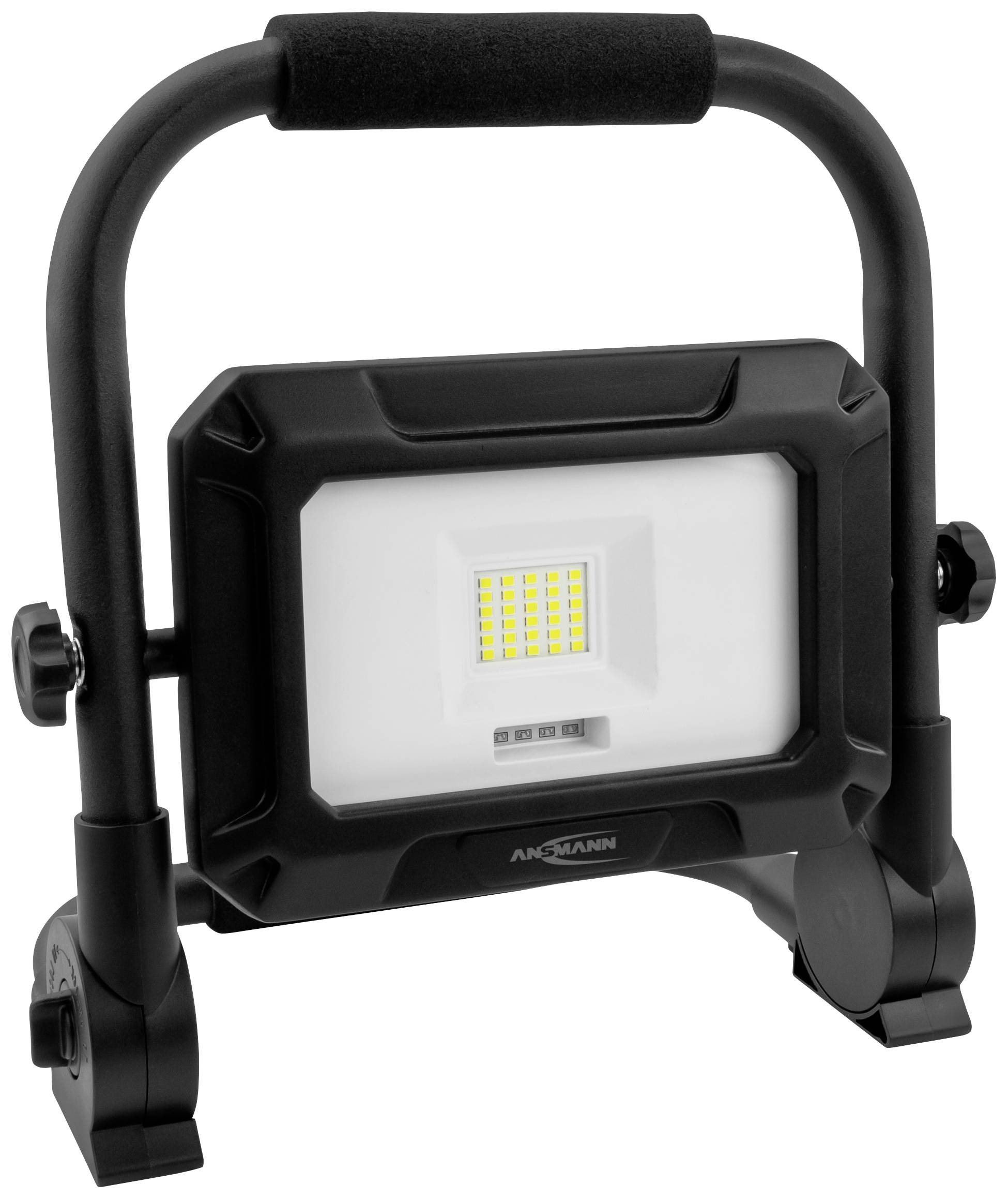Ein tragbarer LED-Strahler mit schwarzem Rahmen und Griff, geeignet für Baustellenbeleuchtung. Energieeffizient und robust.
