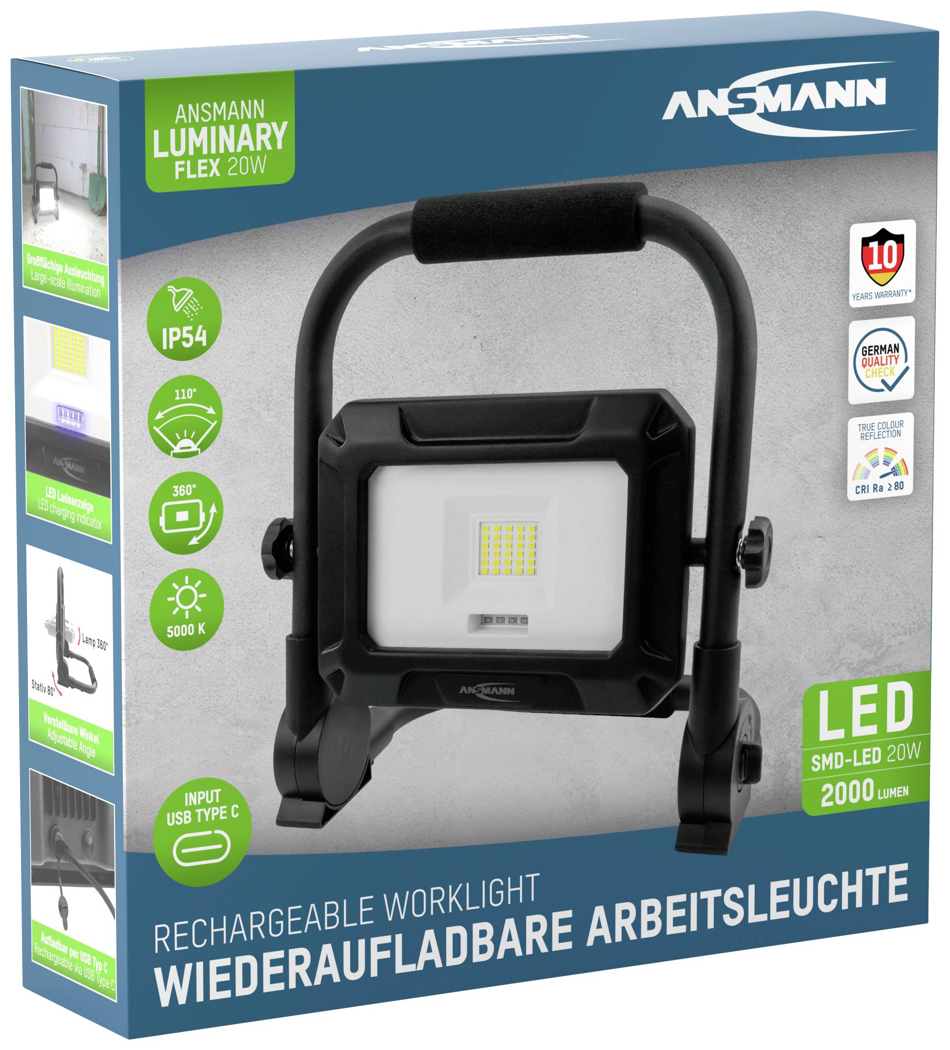 'ANSAMANN Luminary Flex 20W LED SMD-Arbeitsleuchte' auf Verpackung. Merkmale: IP54, 360° drehbar, USB-C, 2000 Lumen, 10 Jahre Garantie.