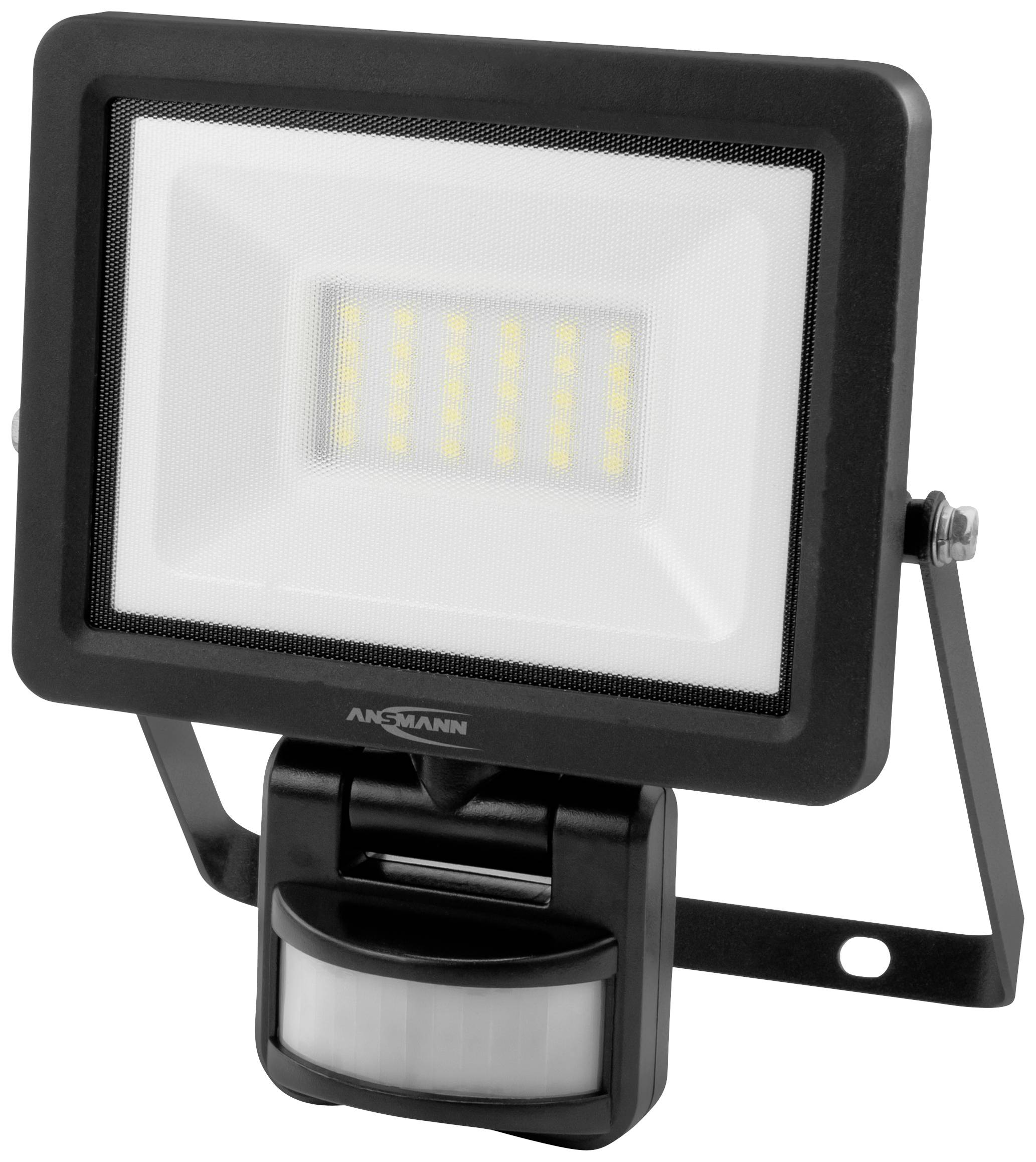 Ein rechteckiger LED-Strahler mit Bewegungssensor. Der schwarze Rahmen umgibt ein Raster von 20 leuchtenden LEDs.