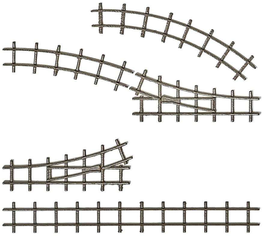 Verschiedene Modellbahn-Gleisteile, darunter mehrere Kurven- und Weichenstücke, aus Metall dargestellt.