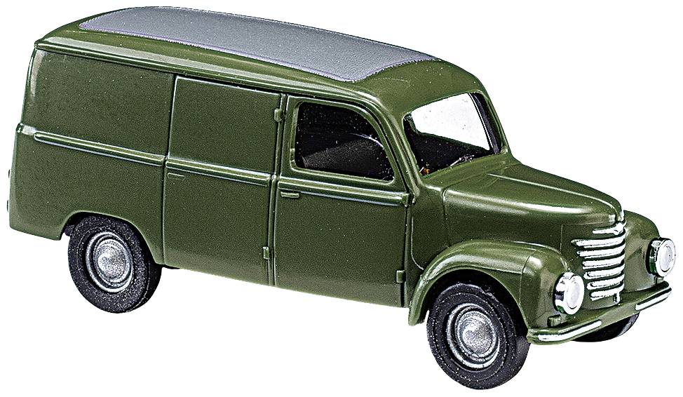 Ein grünes Modellauto in der Form eines Lieferwagens mit silbernem Dach, im Stil der 1950er Jahre, auf weißem Hintergrund.