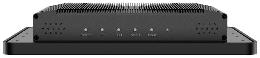 Schwarzer, rechteckiger Audioverstärker mit vorne angebrachten Tasten: 'Power', 'B-', 'B+', 'Menu', 'Input'.