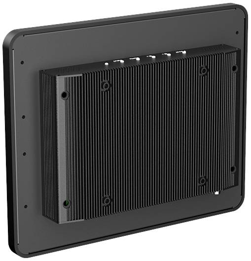 Ansicht der Rückseite eines schwarzen, rechteckigen Geräts mit geriffelter Oberfläche und mehreren Befestigungspunkten.