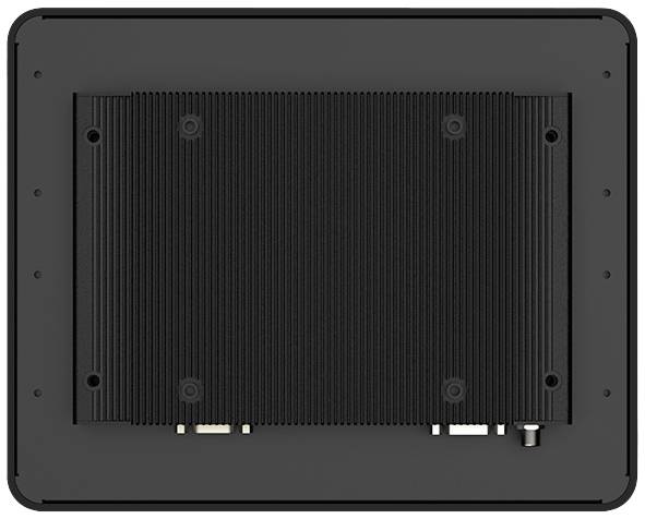 Rückseite eines schwarzen, rechteckigen Elektronikgeräts mit Kühlrippen und Anschlüssen an der Unterseite.