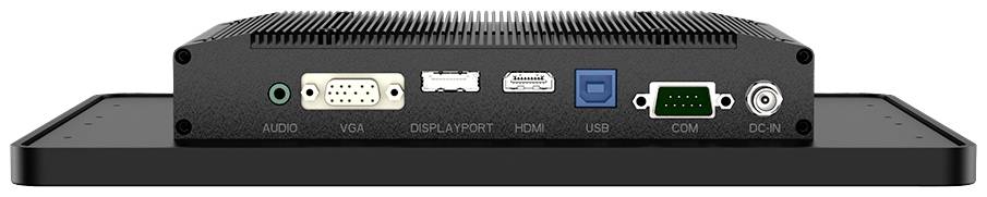 Rückseite eines Geräts mit Anschlüssen: Audio, VGA, DisplayPort, HDMI, USB, COM und DC-IN, auf einem schwarzen Untergrund.