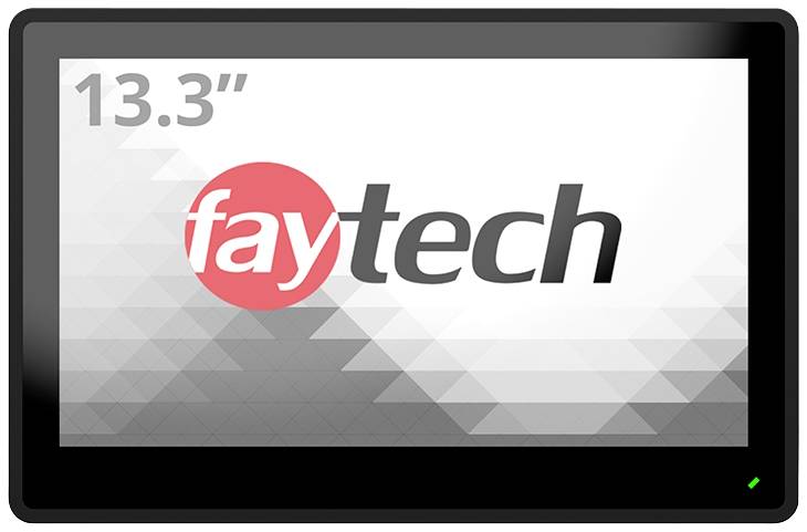 'Faytech 13,3-Zoll-Touchscreen-Monitor' mit geometrischem Hintergrundmuster.