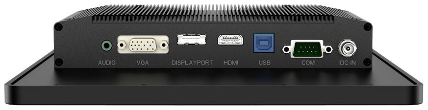 Die Rückseite eines elektronischen Geräts zeigt mehrere Anschlüsse: Audio, VGA, DisplayPort, HDMI, USB, COM und DC-IN.