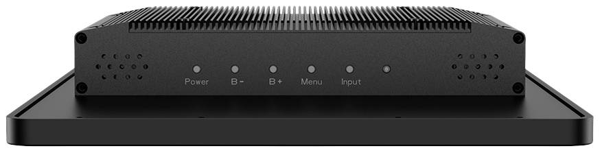 Ein schwarzer elektronischer Verstärker mit fünf LEDs, die 'Power', 'B-', 'B+', 'Menu' und 'Input' anzeigen.