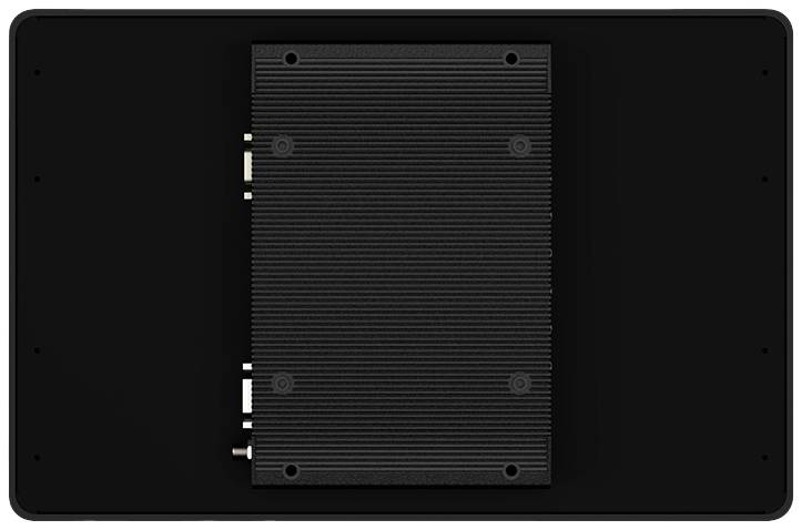 Rückansicht eines schwarzen rechteckigen elektronischen Geräts mit einem zentralen abnehmbaren Panel und vier sichtbaren Schrauben.