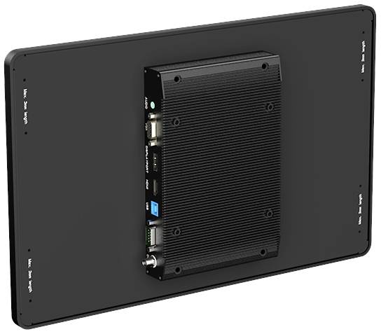 Ein rechteckiger, schwarzer Computer mit mehreren Anschlüssen an der Seite, darunter USB- und HDMI-Ports, ist auf einer schwarzen Platte montiert.