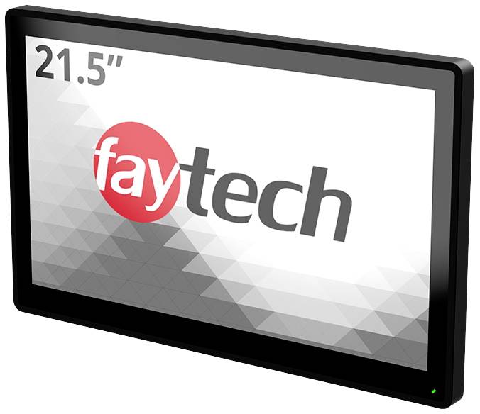Ein 21,5-Zoll-Bildschirm mit dem Logo von 'faytech' auf einer grauen, geometrischen Hintergrundfläche.