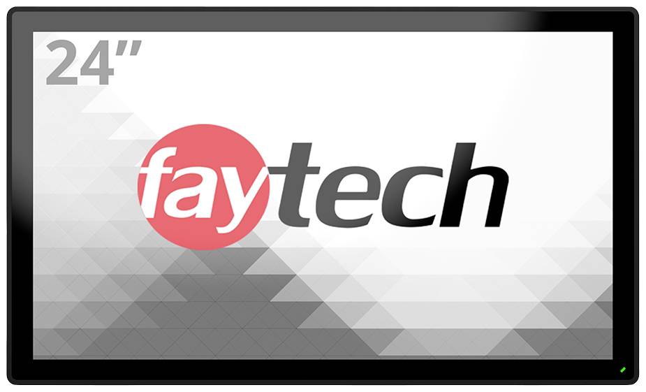 Ein Bildschirm mit dem Logo 'faytech', 24 Zoll groß, auf einem geometrischen Hintergrund.
