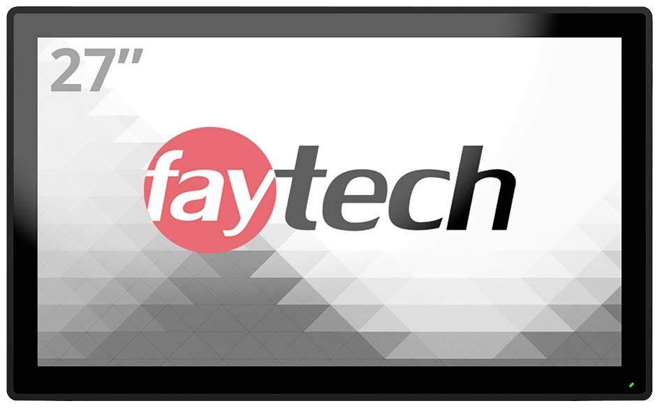 Ein 27-Zoll-Monitor mit dem Logo 'faytech' auf dem Bildschirm. Der Hintergrund zeigt ein geometrisches Muster in Grautönen.