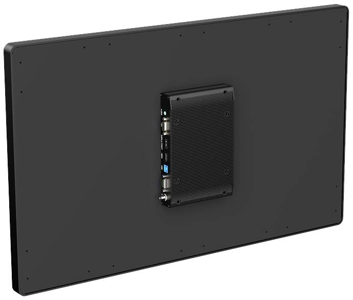 Ein schwarzer LCD-Bildschirm mit Rückseite, an der ein rechteckiges externalem Gerät angebracht ist, um Konnektivität zu ermöglichen.