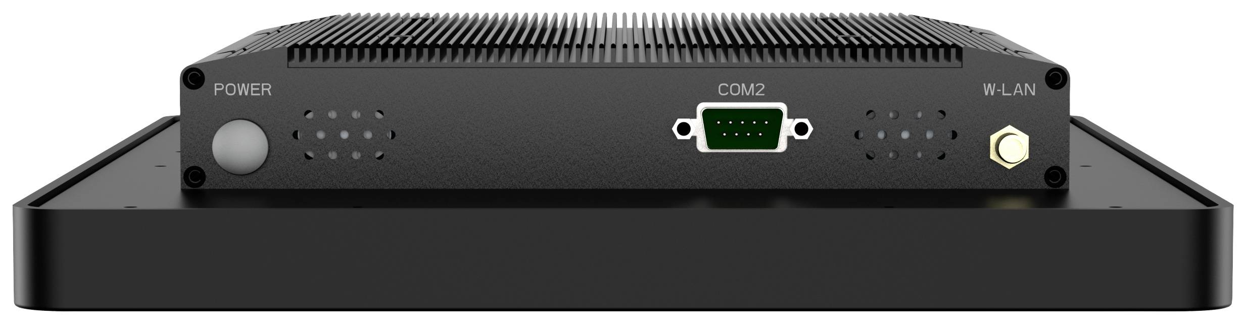 Industrie-PC in schwarzem Gehäuse mit Anschlüssen für Power, COM2 und WLAN. Horizontal auf Tisch platziert.