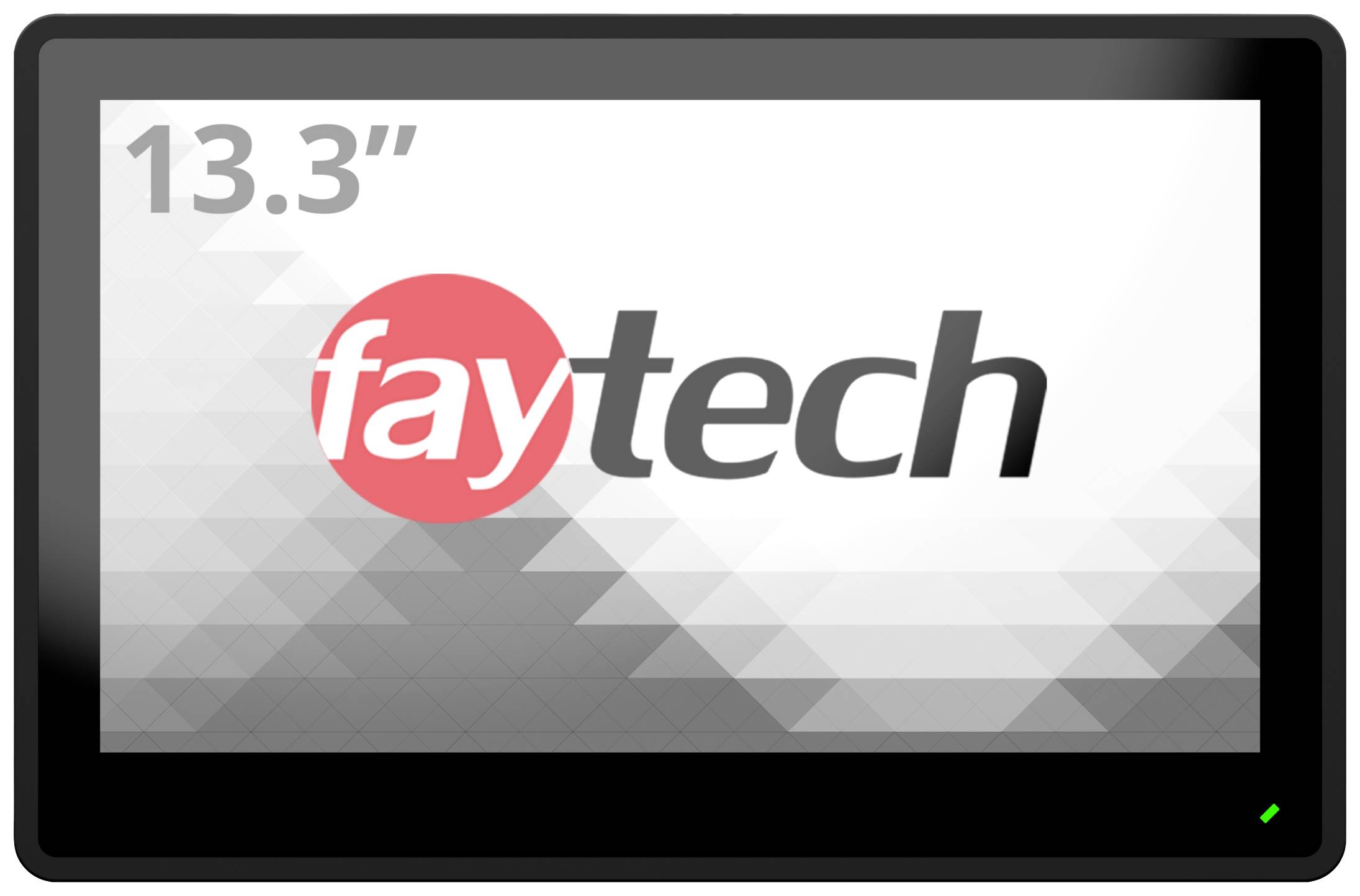 Ein 13,3 Zoll Bildschirm mit dem Logo 'faytech', geometrisches Muster im Hintergrund.