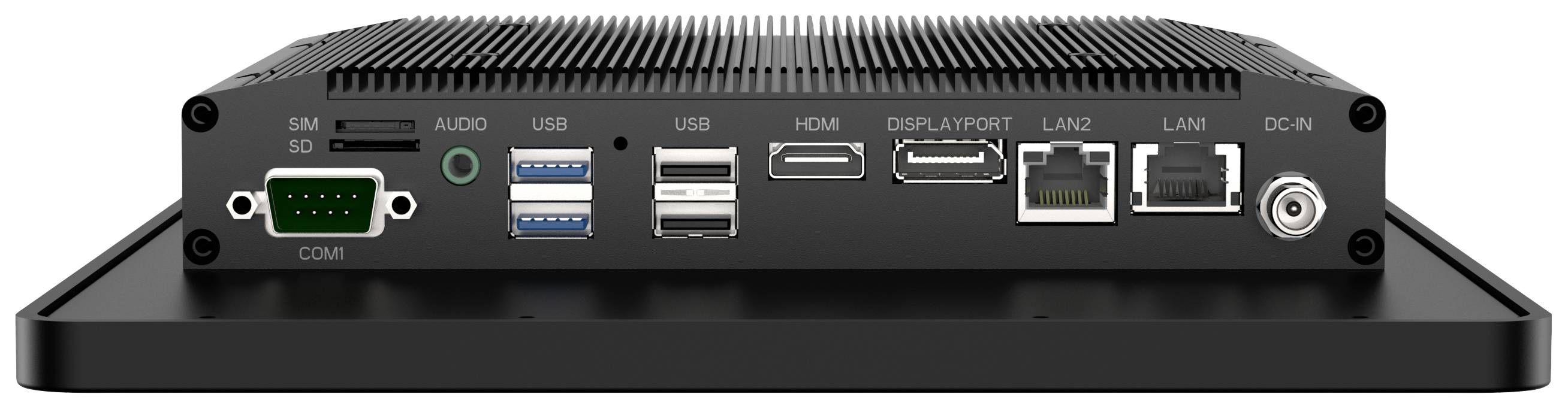 Rückseite eines Computers mit verschiedenen Anschlüssen: SIM, SD, Audio, USB, HDMI, DisplayPort, LAN, DC-IN, und COM.