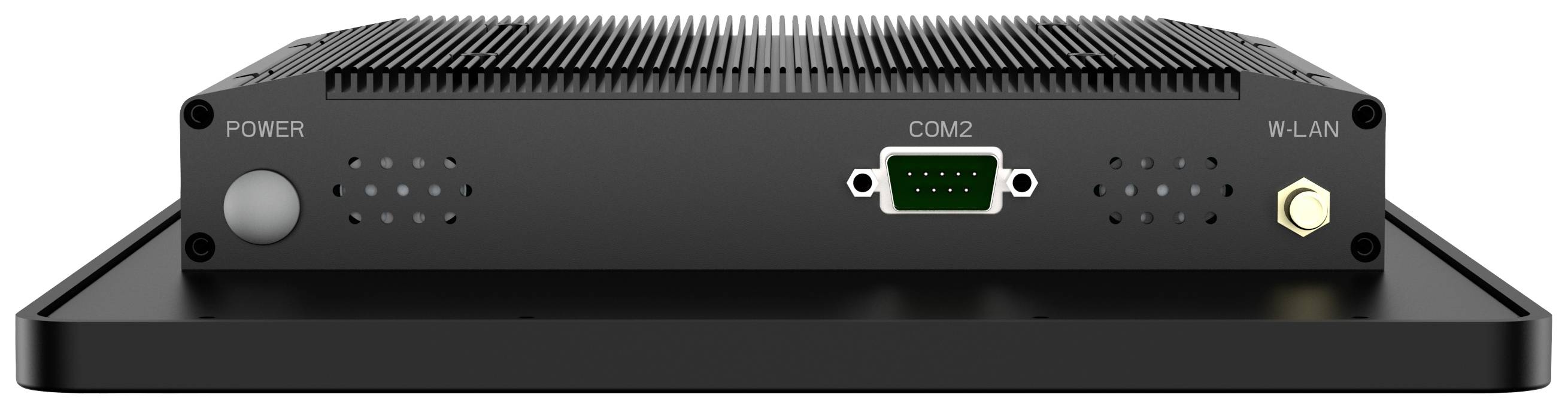 Ein schwarzer Netzwerkadapter mit Anschlüssen für 'Power', 'COM2' und 'WLAN'.