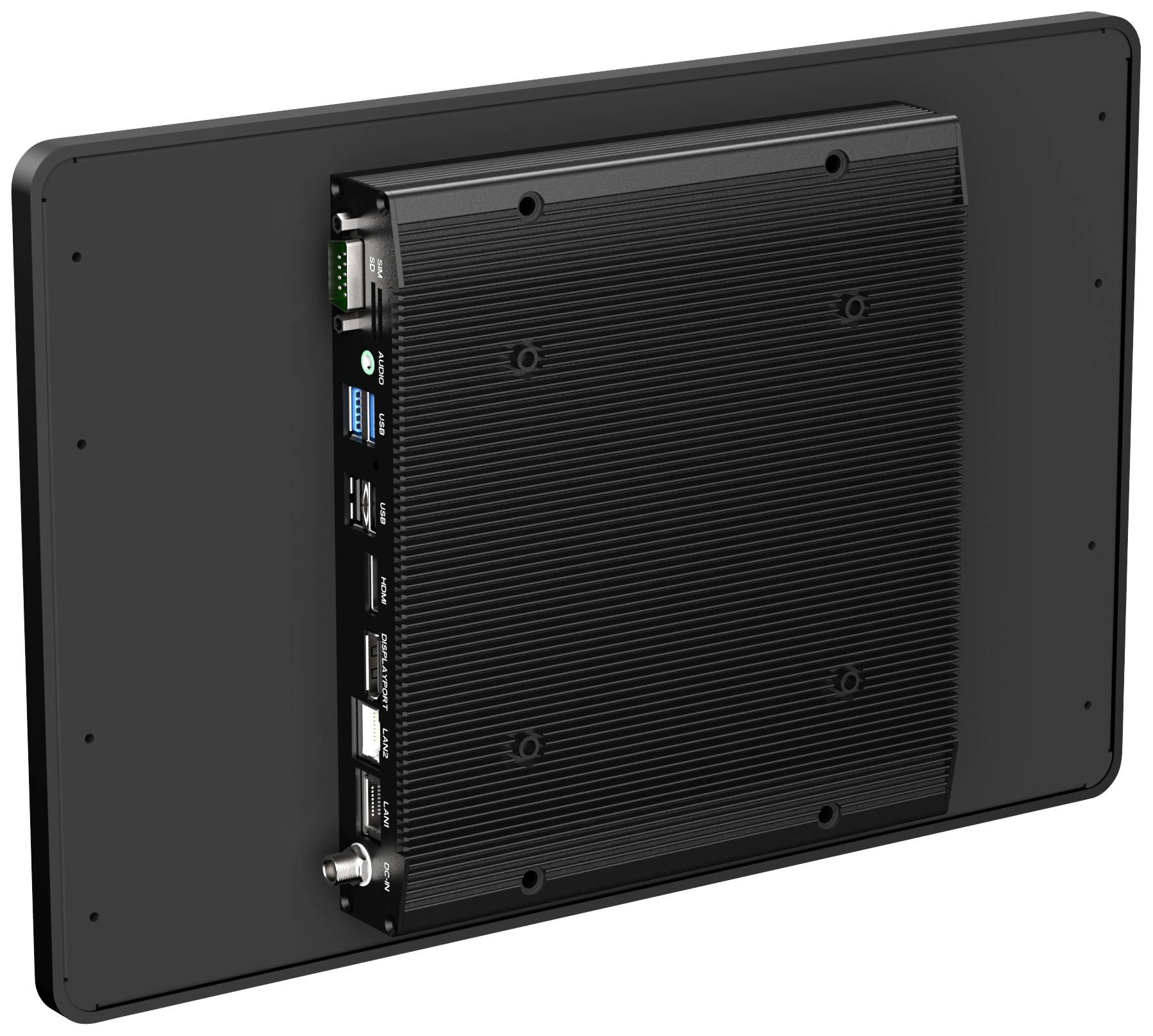 Ein schwarzes rechteckiges technisches Gerät mit mehreren Anschlüssen und Steckplätzen auf der Rückseite, montiert an einer Platte.