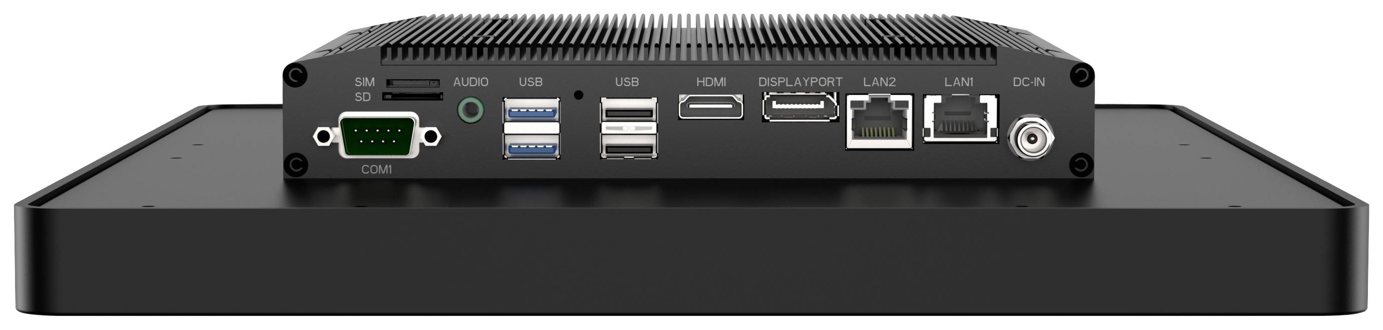 Rückansicht eines Computergehäuses mit mehreren Anschlüssen: USB, HDMI, DisplayPort, LAN, Audio und Stromanschluss.