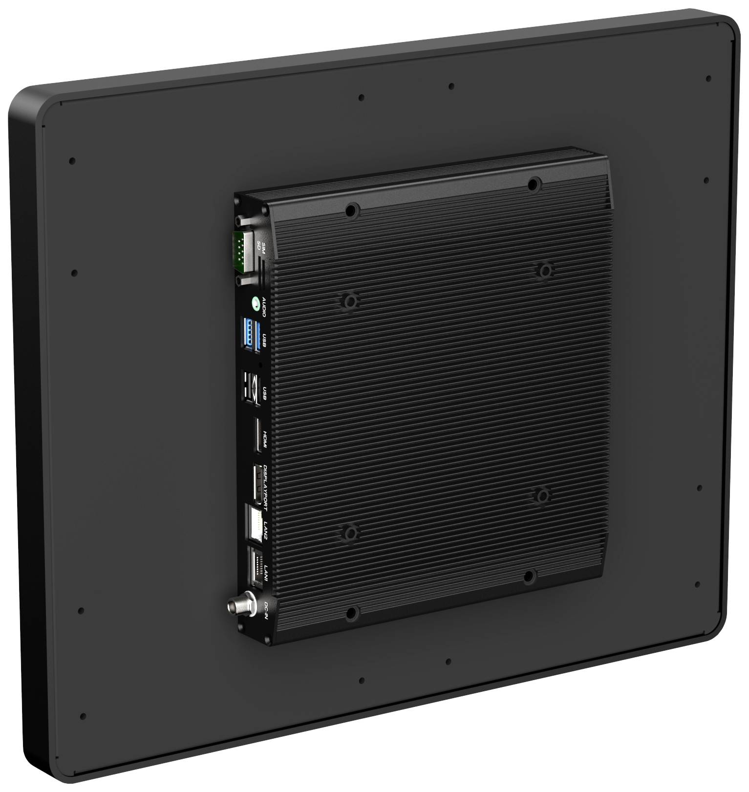 Rückansicht eines schwarzen Computerdisplays mit mehreren Anschlussmöglichkeiten und einem kompakten, quaderförmigen Gehäuse in der Mitte.