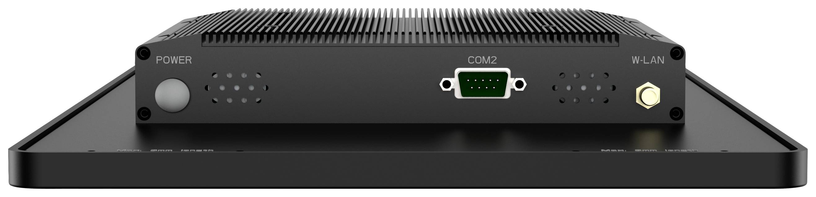 Schwarzes elektronisches Gerät mit Anschlüssen: Power, COM2 und WLAN.