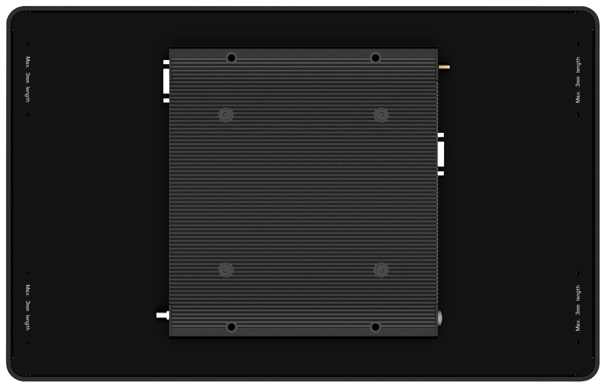 Rückansicht eines rechteckigen, gerippten elektronischen Geräts, vermutlich ein montierter Bildschirm oder ähnliches Gerät.
