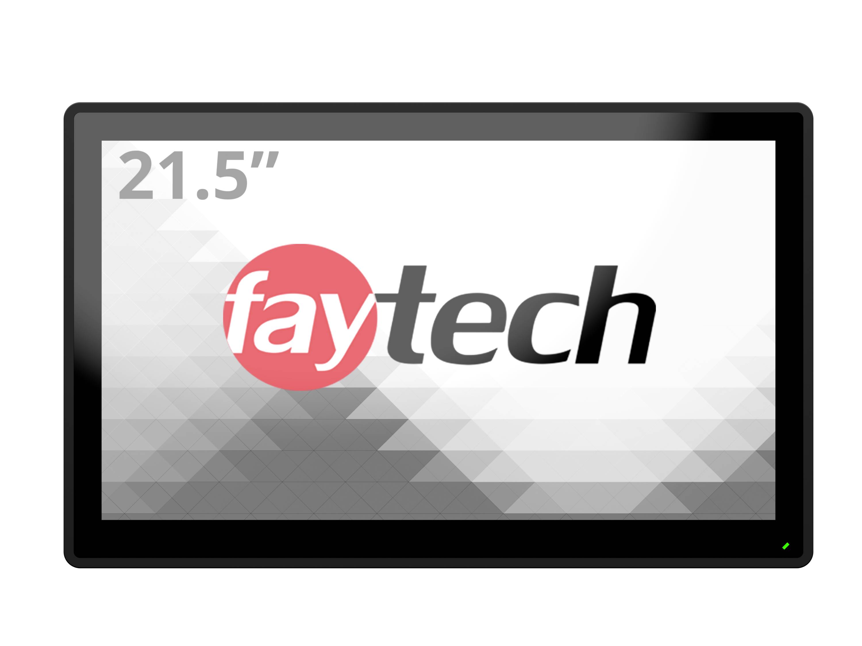 Ein 21,5-Zoll-Bildschirm mit dem Logo 'faytech' auf einem grauen, geometrischen Hintergrund.