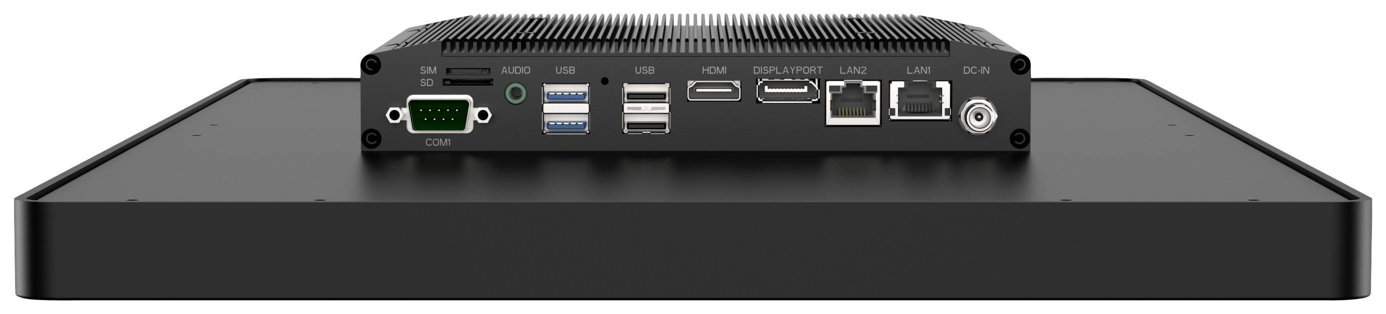 Ein dünner, schwarzer Computer mit zahlreichen Anschlüssen auf der Vorderseite, darunter USB-Ports, HDMI, LAN und Audiobuchsen.