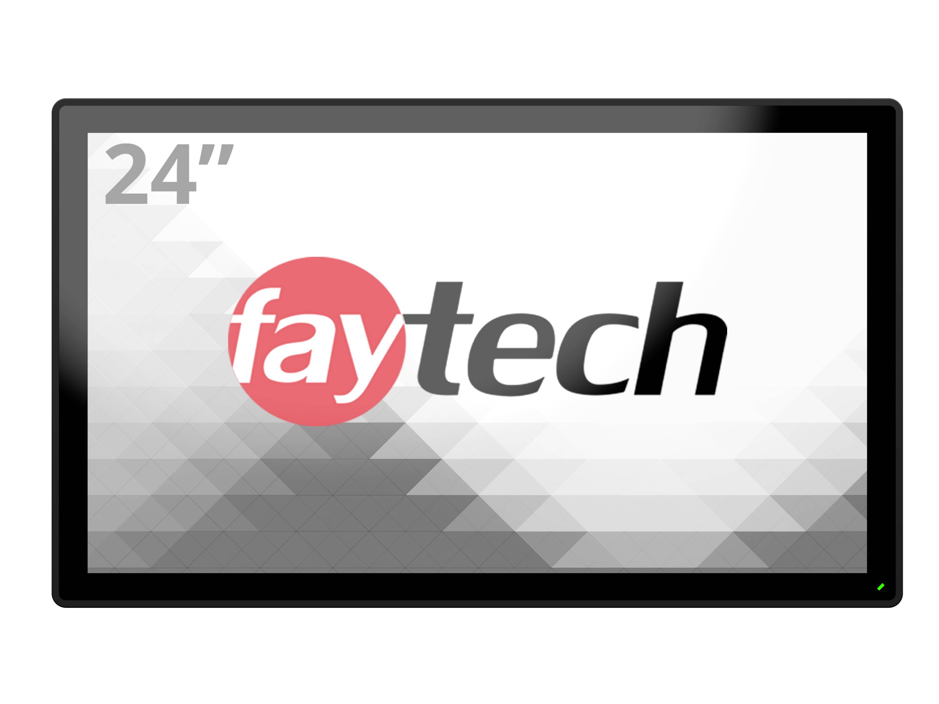 Ein 24-Zoll-Bildschirm zeigt das Logo von 'faytech', eine Marke für Touchscreen-Monitore. Der Hintergrund ist ein geometrisches Muster.