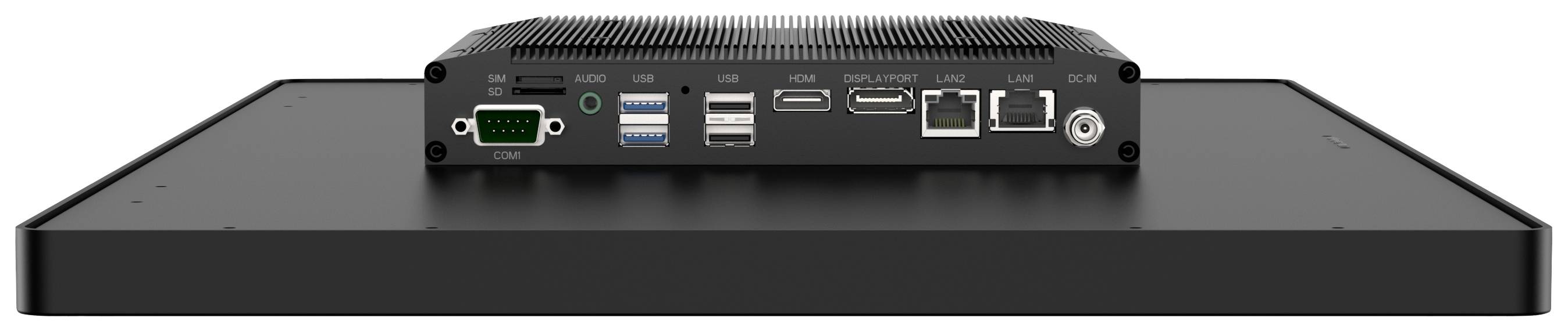 Ein flacher, schwarzer Computer mit mehreren Anschlüssen, darunter USB, HDMI, DisplayPort, LAN und Audio, auf der Rückseite sichtbar.