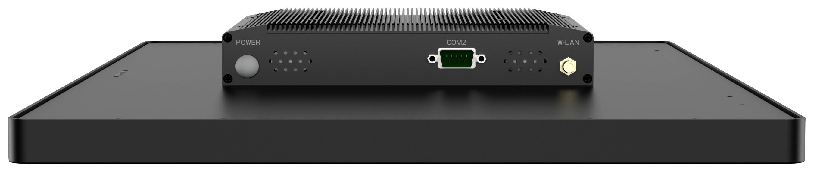 Ein rechteckiges, flaches elektronisches Gerät mit integriertem Display und Anschlüssen für Strom und Daten auf der Rückseite.