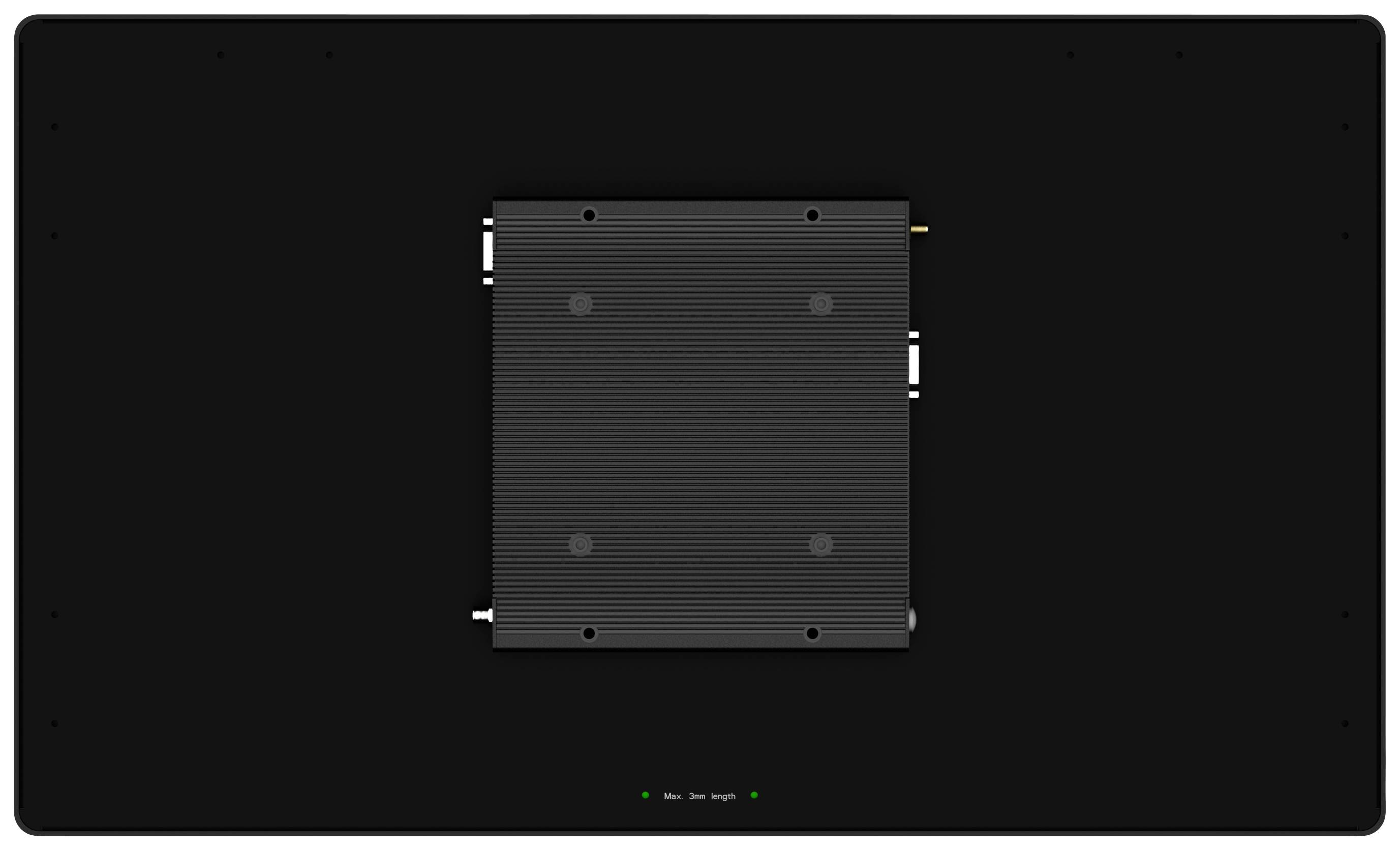 Ein schwarzes Rechteck mit einem kleineren, zentralen quadratischen Modul. Unten leuchten zwei kleine grüne Lichter.