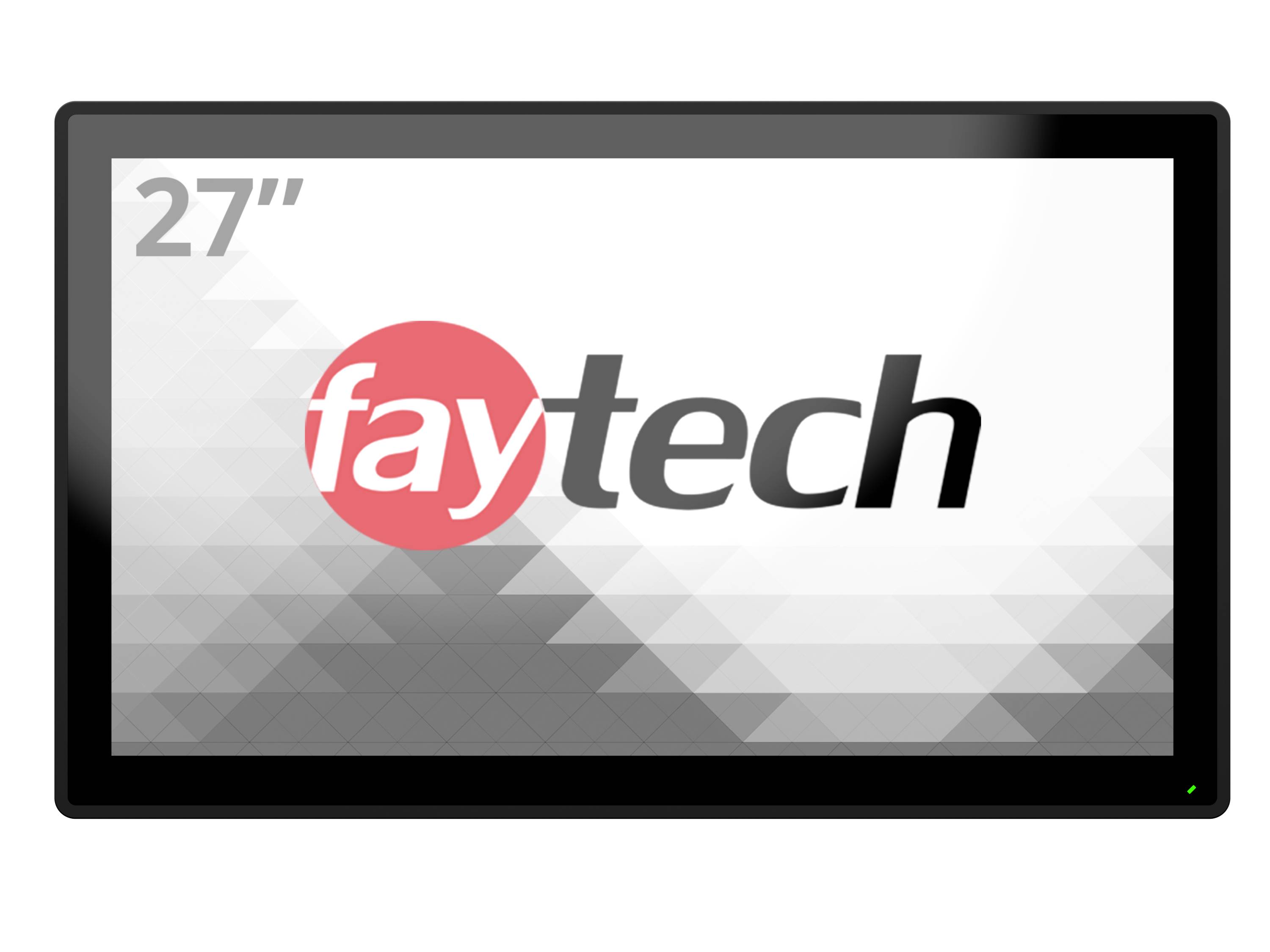 Monitor mit einem 27-Zoll-Display. Auf dem Bildschirm steht das Logo 'faytech' in grauer und roter Schrift.