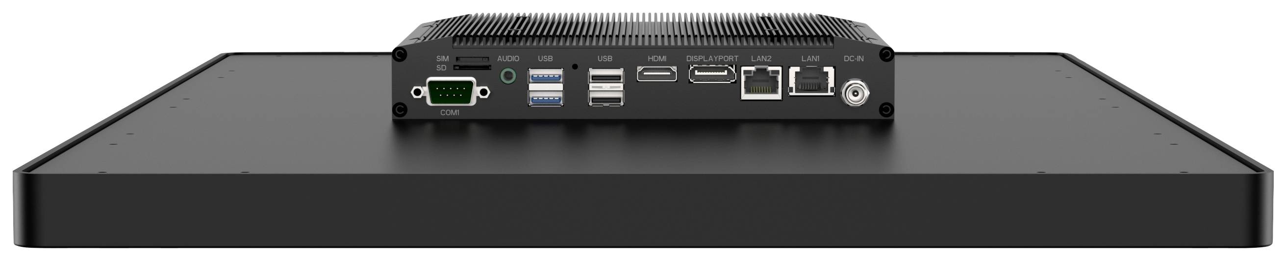 Rückseite eines Elektronikgeräts mit mehreren Anschlüssen: HDMI, USB, Ethernet und Stromanschluss auf einer schwarzen Oberfläche.