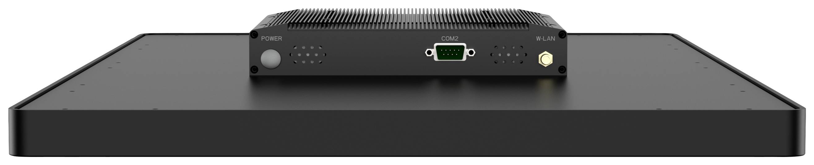 Schwarze Elektronikbox mit mehreren Anschlüssen, darunter ein grüner VGA-Anschluss, auf grauem Untergrund.