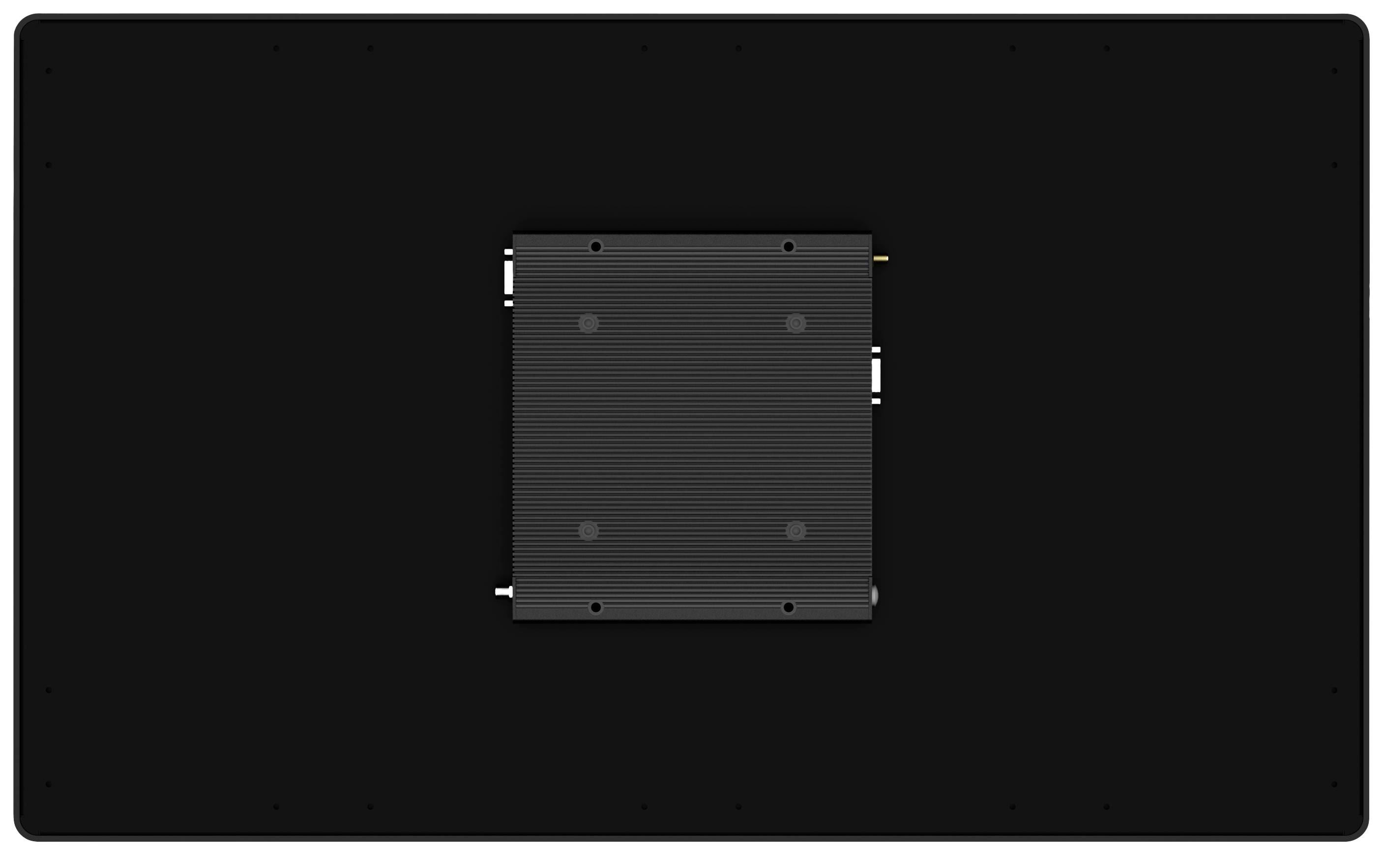 Rückseite eines rechteckigen, schwarzen Monitors mit sichtbarer Befestigungsplatte in der Mitte.