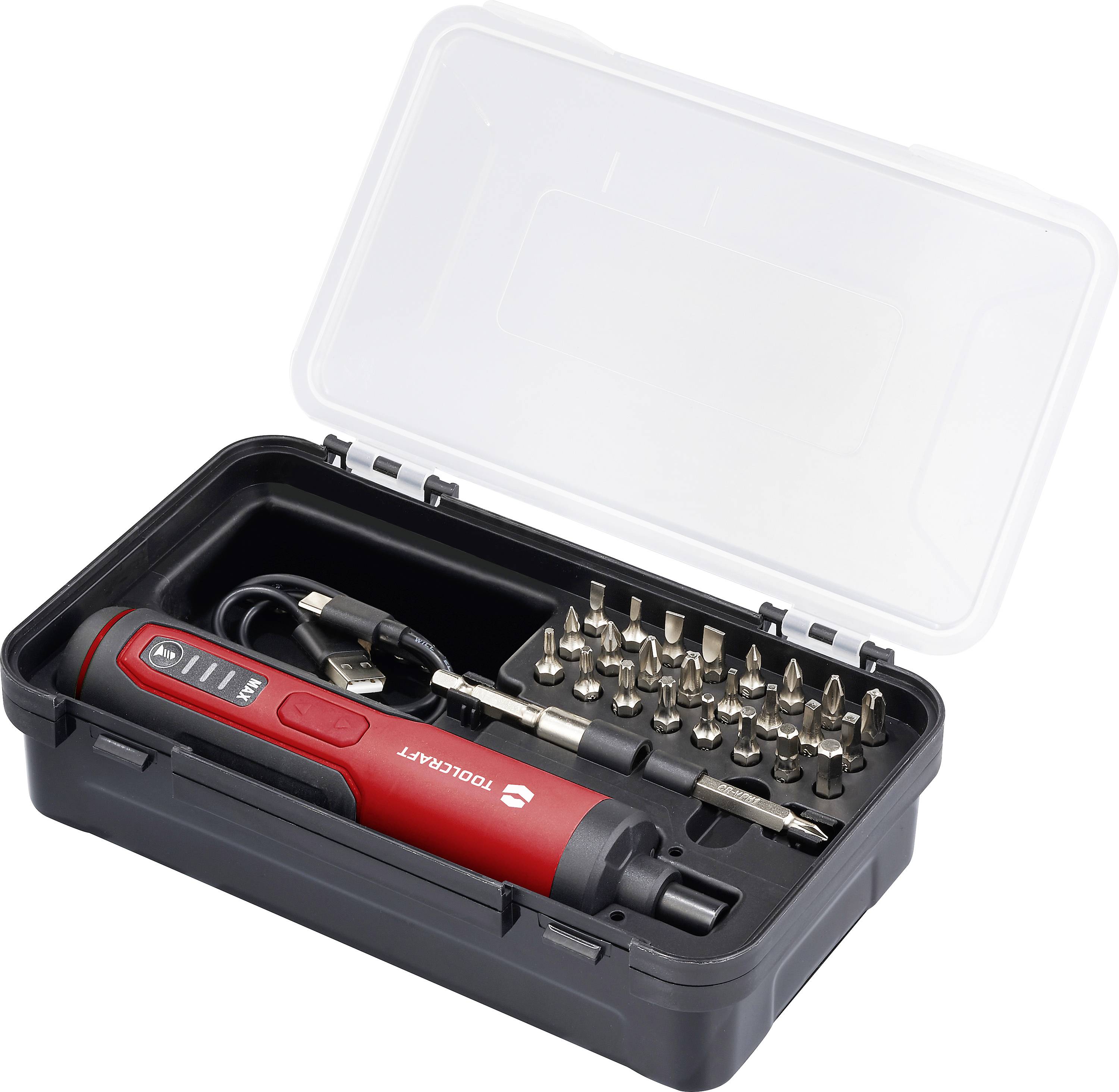 Rotes kabelloses Elektroschraubendreher-Set in einem schwarzen Koffer mit Ladekabel und verschiedenen Bits, gezeigt mit geöffnetem Deckel.