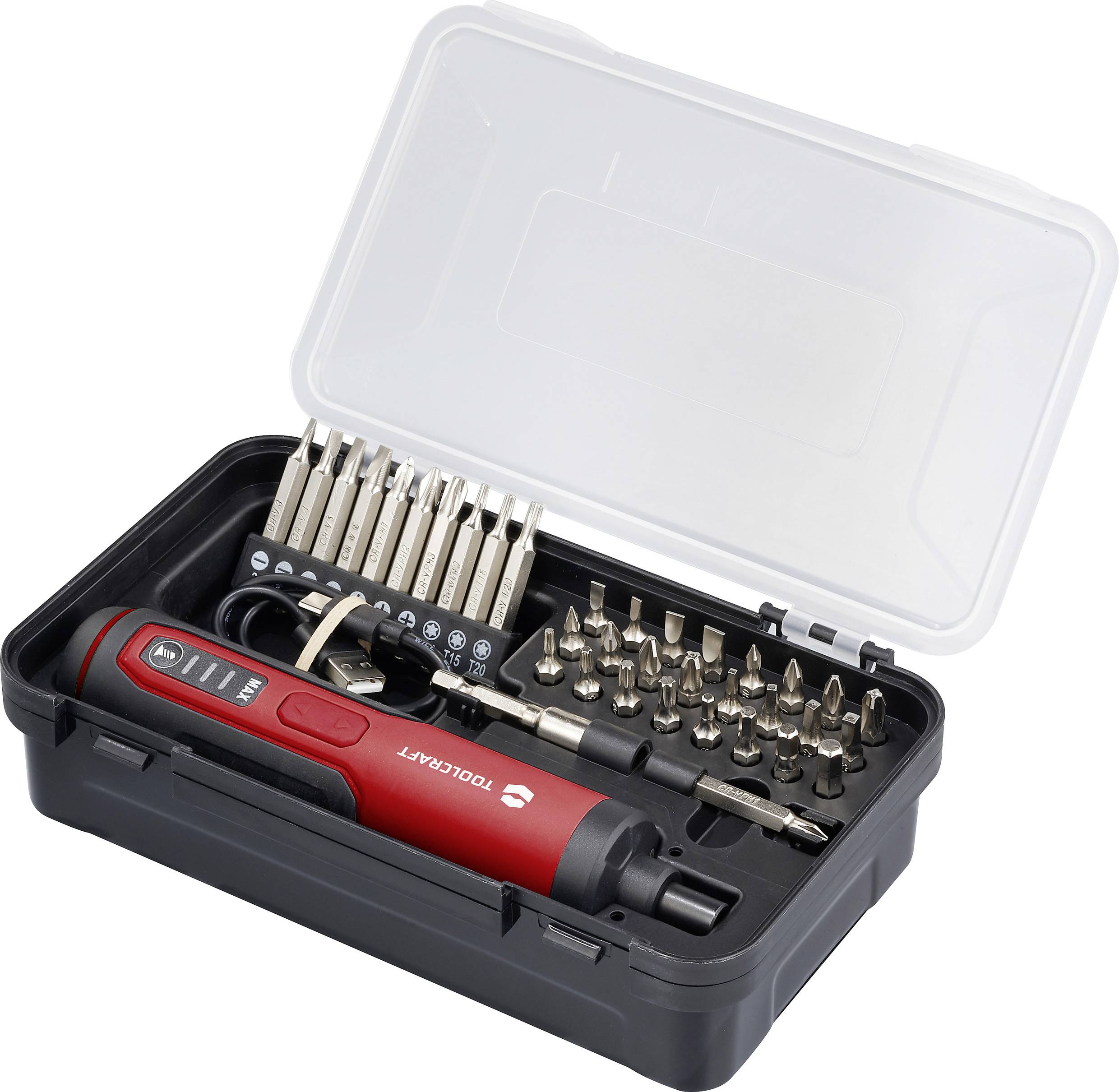 Ein roter elektrischer Schraubendreher in einem schwarzen Koffer mit verschiedenen austauschbaren Bits und Zubehör.